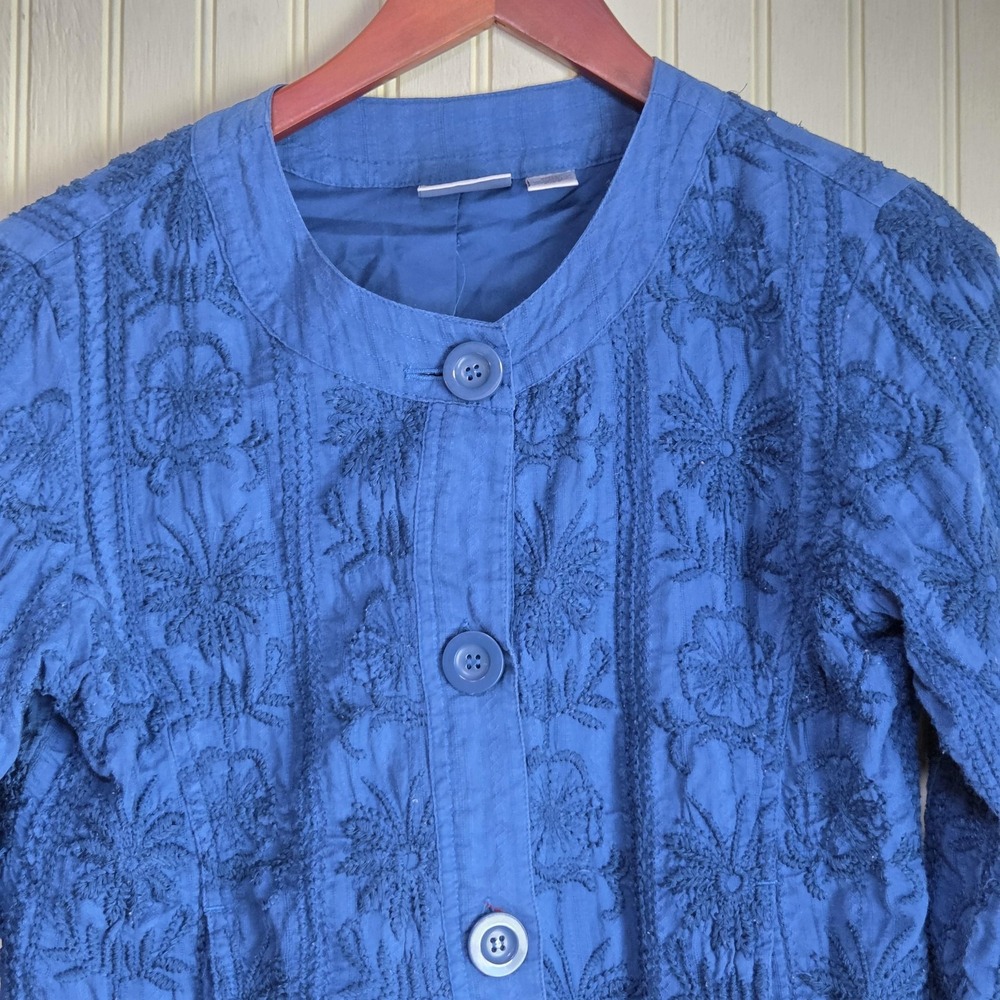 Chico's Jacket Womens 0 Blue Embroidered Floral Button Front Collarless Twill